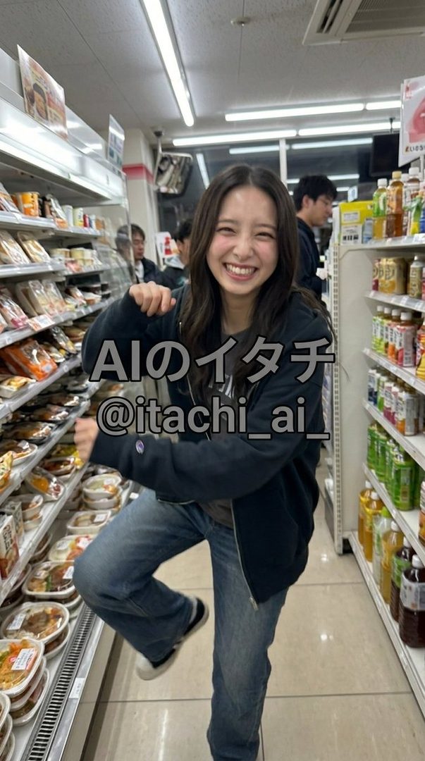A young woman with long brown hair smiles widely while posing playfully in a convenience store aisle.