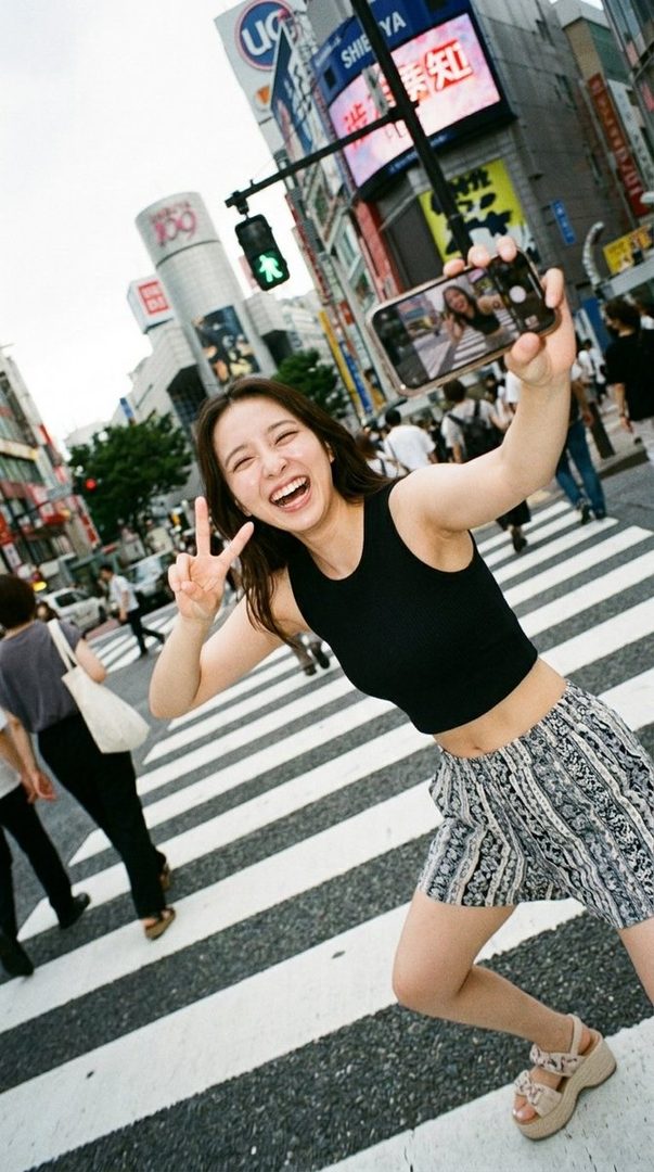 A young woman with long brown hair smiles and makes a peace sign while taking a selfie on a busy city street crosswalk.