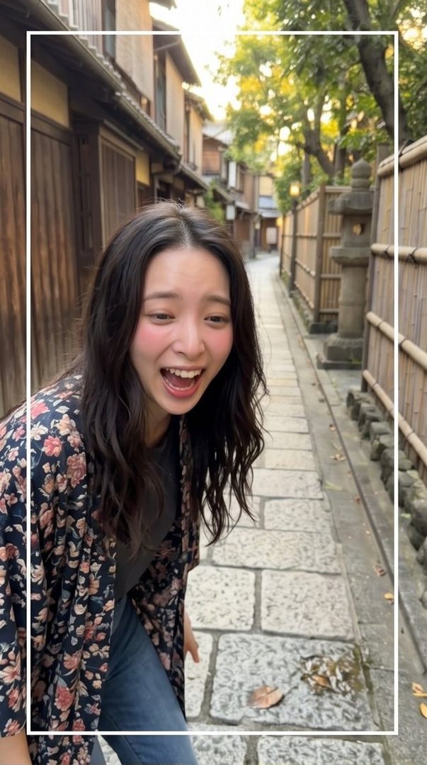 A young woman with long, dark hair laughs joyfully while walking down a traditional Japanese street.