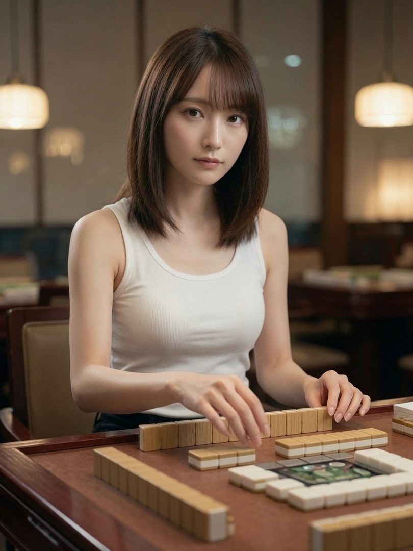 A young woman with short brown hair and bangs, wearing a white tank top, sits at a mahjong table and looks at the camera.