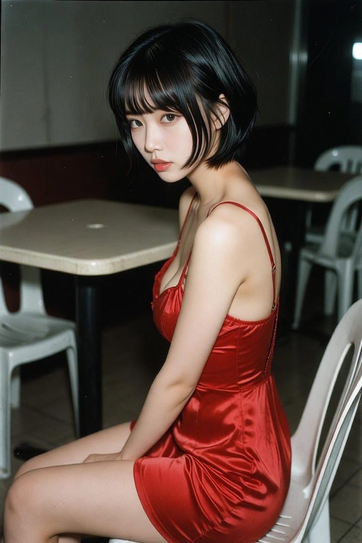 A young woman with short black hair and bangs, wearing a red satin slip dress, sits in a dimly lit cafe or diner, looking suggestively at the viewer.