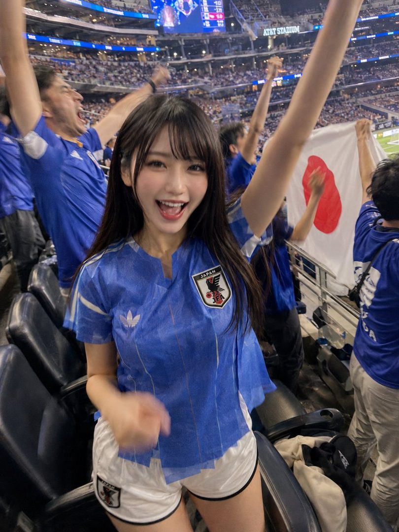 A young woman in a Japanese soccer jersey and shorts cheers at a stadium.