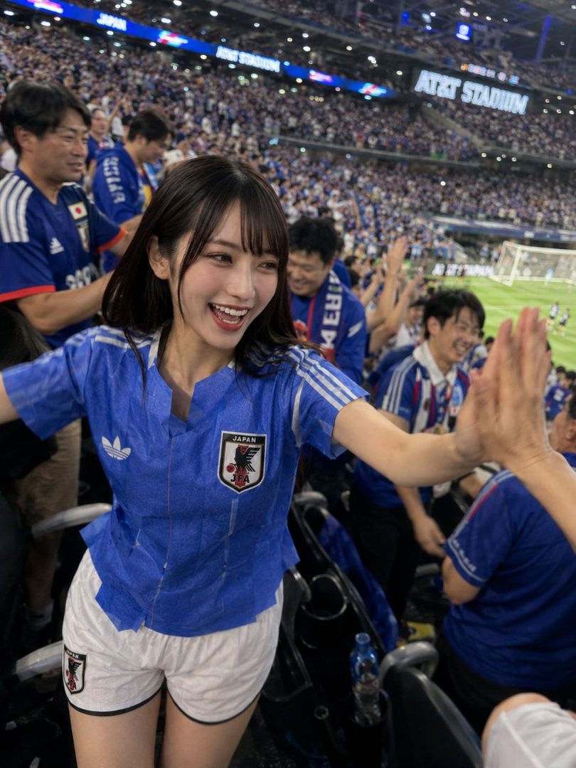 A young woman in a Japanese soccer jersey and shorts smiles and gives a high five in a crowded stadium.