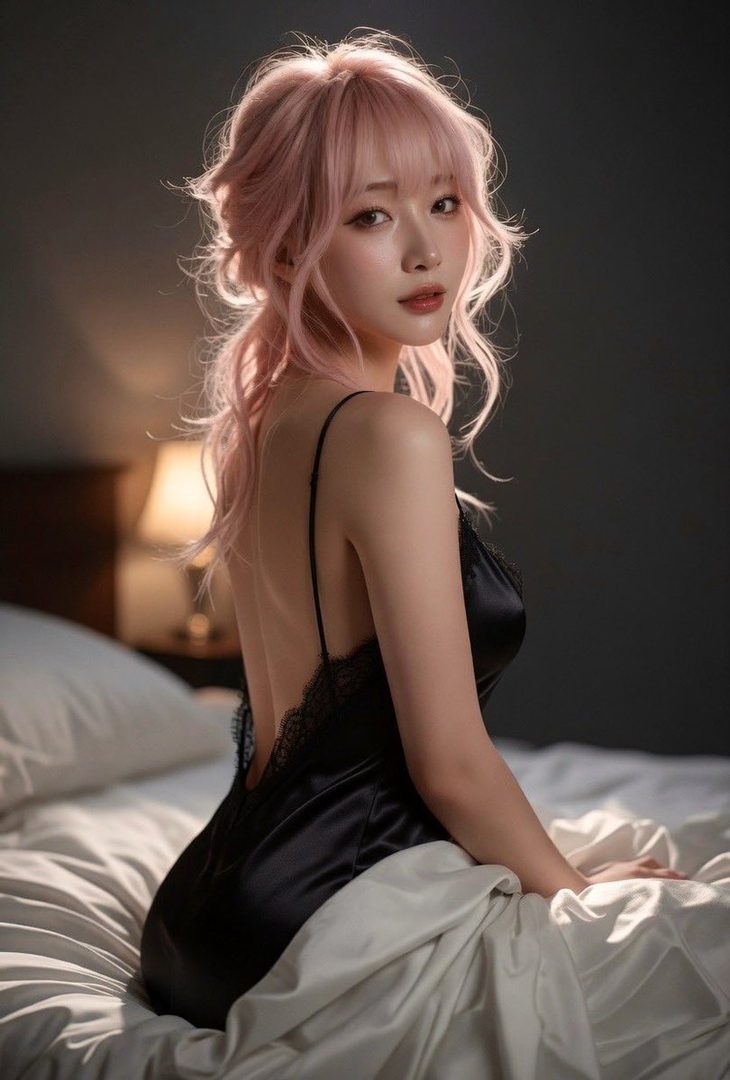 A young woman with long, wavy pink hair and bangs, wearing a black lace-trimmed slip dress, poses suggestively on a bed in a dimly lit bedroom.