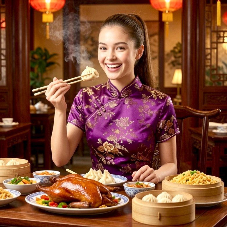A young woman in a purple qipao dress smiles while holding a dumpling with chopsticks, with a table full of Chinese food.