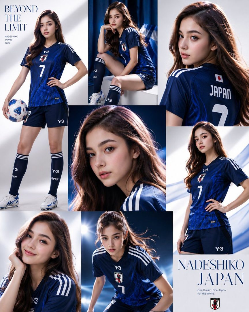 A collage of a young woman in a Japanese soccer uniform, posing with a soccer ball and in various studio shots.