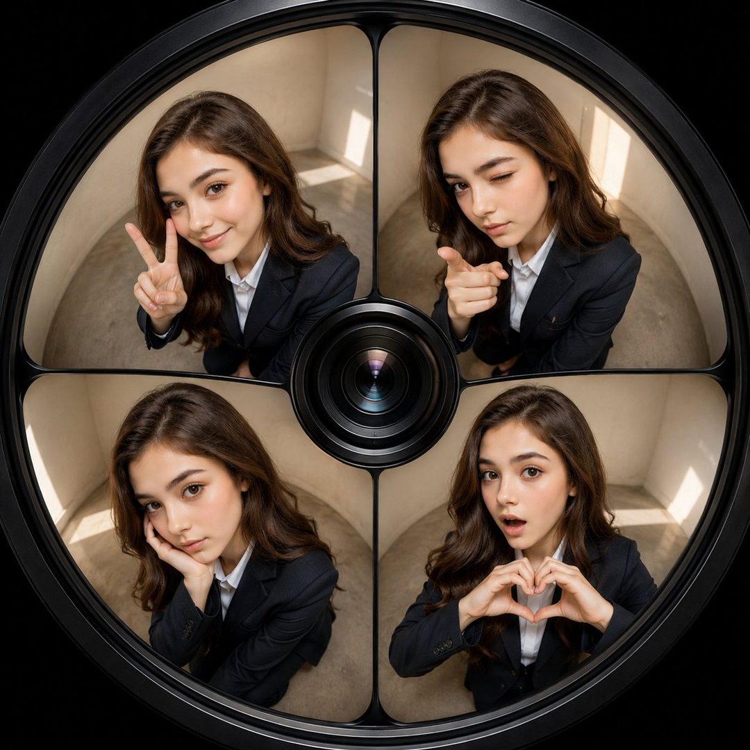 A young woman in a suit poses in four different frames, showing various playful expressions and gestures.
