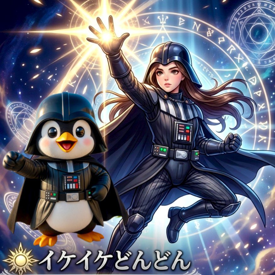 A young woman and a cartoon penguin dressed as Darth Vader, with magical symbols in the background.