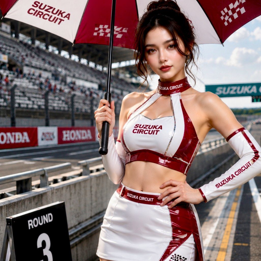 A young woman in a red and white racing queen outfit holds an umbrella at a race track.