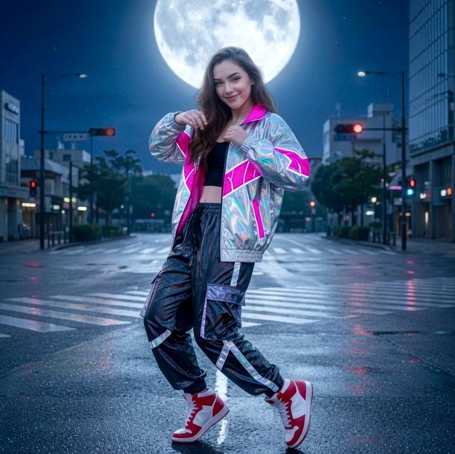 A young woman in a shiny jacket and cargo pants dances on a wet city street at night under a large full moon.