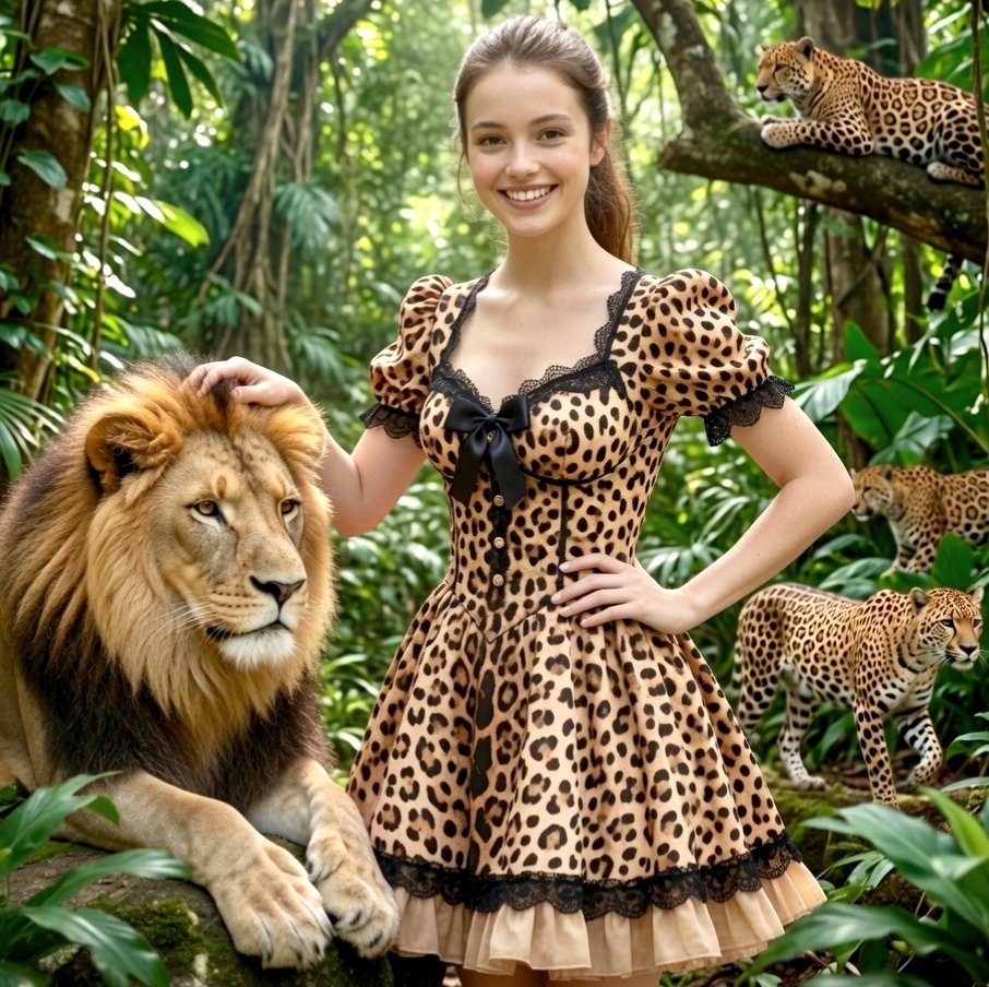 A smiling young woman in a leopard-print dress poses with a lion and leopards in a lush jungle setting.