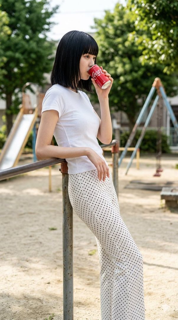 A woman with black bob hair drinks from a red Coca-Cola can while leaning on a metal bar in a sunny playground.
