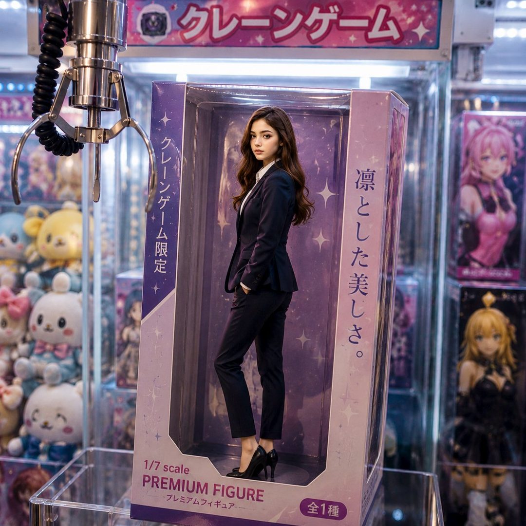 A realistic figure of a woman in a dark suit standing inside a display box in a Japanese arcade.