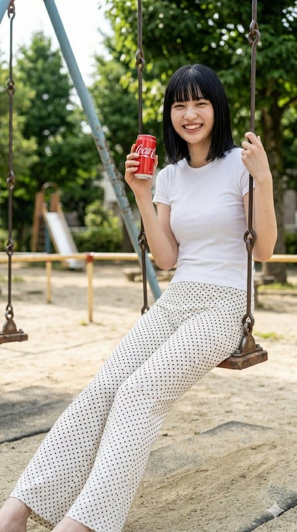 A smiling young woman with black bob hair sits on a swing in a playground, holding a red Coca-Cola can, wearing a white t-shirt and white polka dot pants.