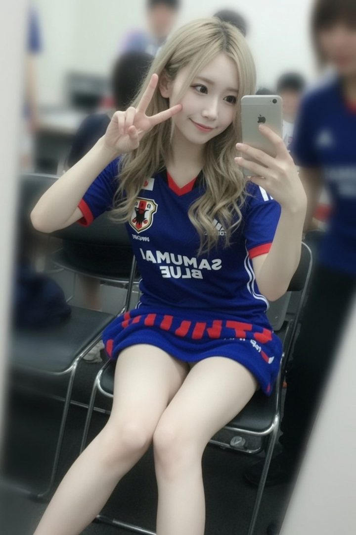 Young woman with long blonde hair taking a selfie in a blue sports uniform while making a peace sign indoors.