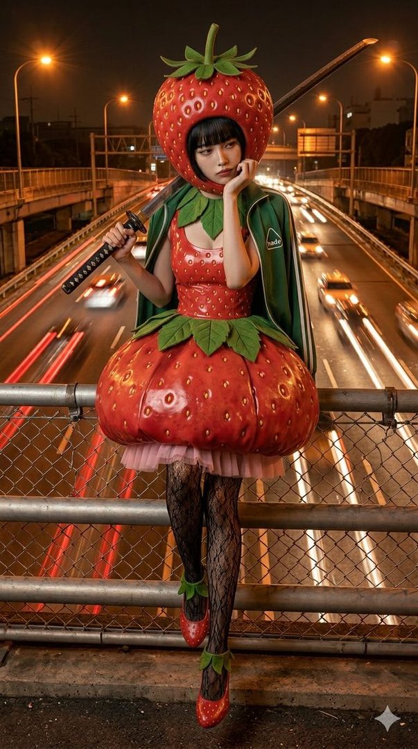 A person in a whimsical strawberry costume with a green track jacket and fishnet stockings holds a katana on a highway overpass at night, with car light trails in the background.