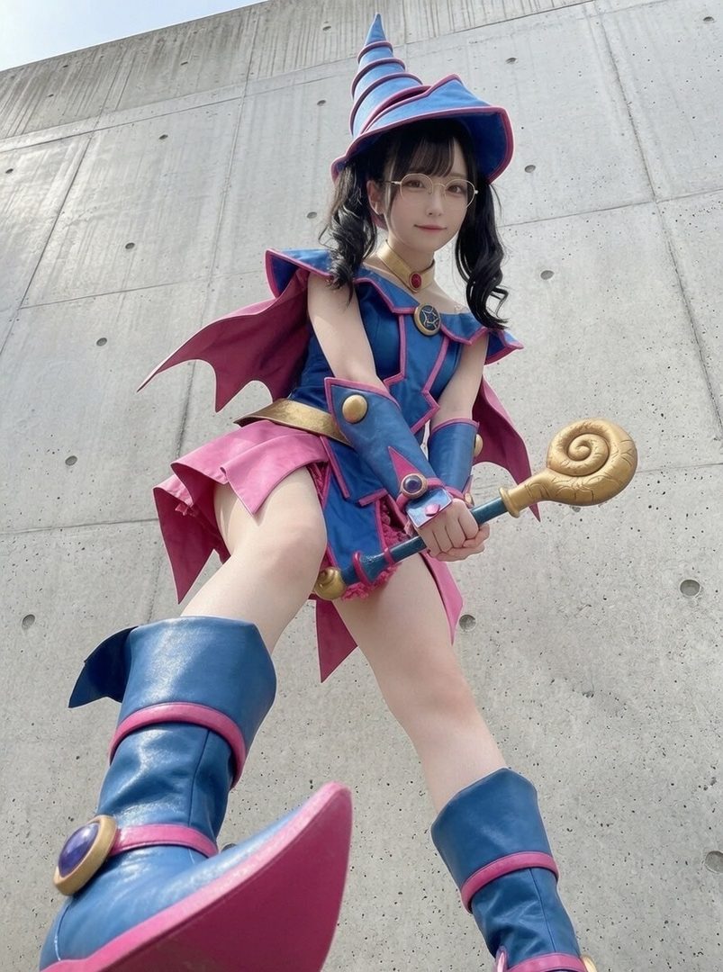 A cosplayer dressed as Dark Magician Girl from Yu-Gi-Oh! poses outdoors.