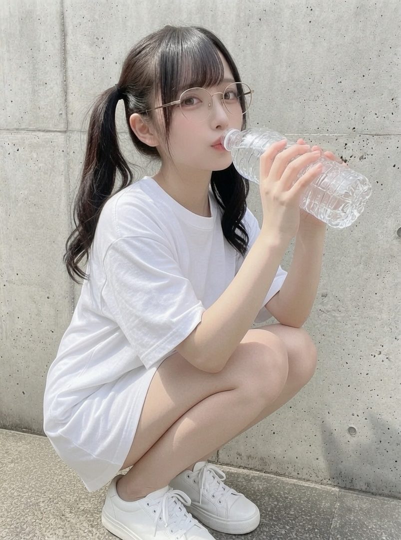 A young woman with black pigtails and glasses drinks from a water bottle while crouching outdoors.