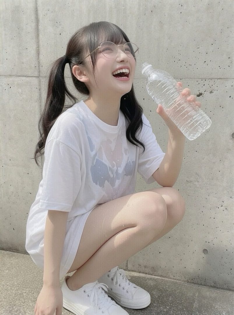 A young woman with pigtails and glasses, wearing a white t-shirt and shorts, drinks water from a bottle outdoors.