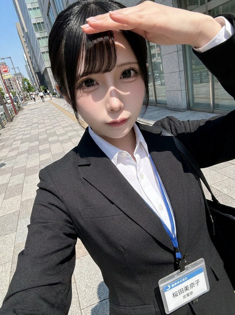 A young woman in a black suit and white shirt takes a selfie on a sunny city street, shielding her eyes from the sun with her hand.