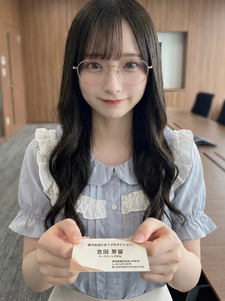 A young woman with long, dark hair and bangs, wearing glasses and a light blue ruffled blouse, holds out a business card.