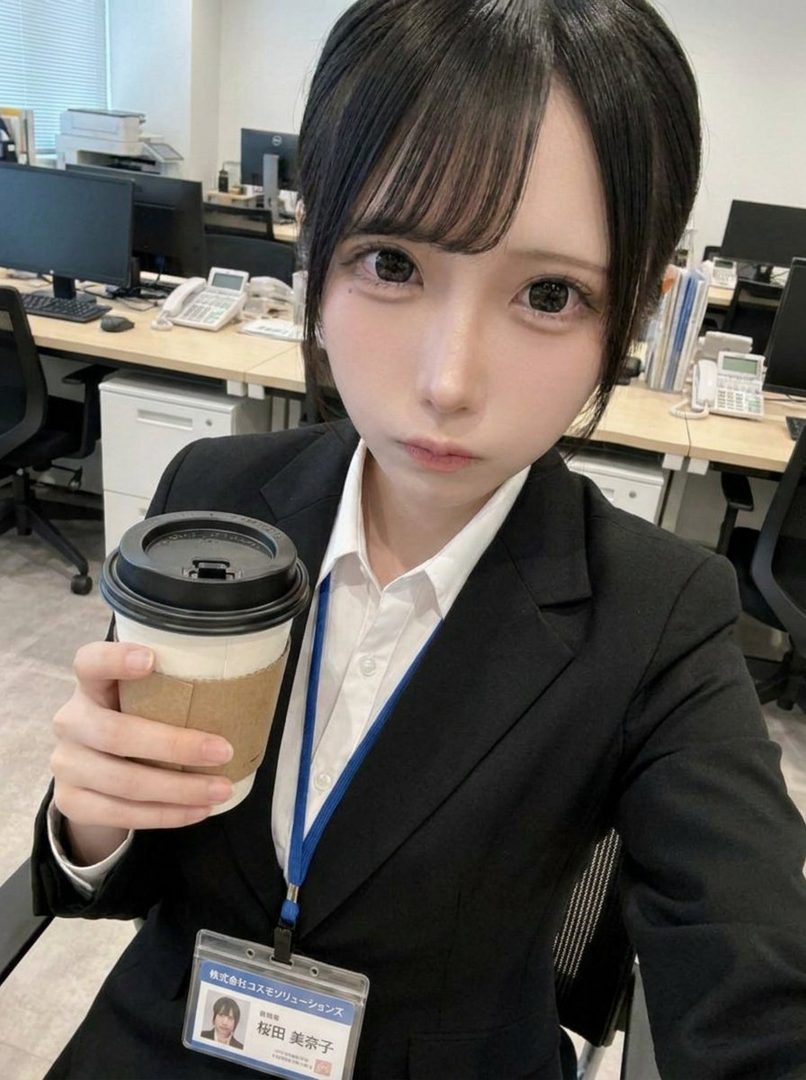 A young woman in a black suit and white shirt holds a coffee cup while sitting in an office, looking at the camera with a pout.