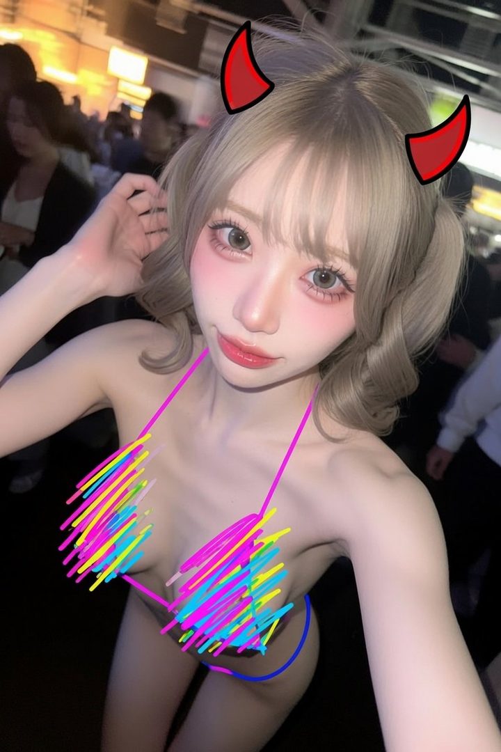 A young woman with blonde hair styled in pigtails, wearing a colorful bikini top and devil horns, takes a selfie in a crowded indoor setting at night.