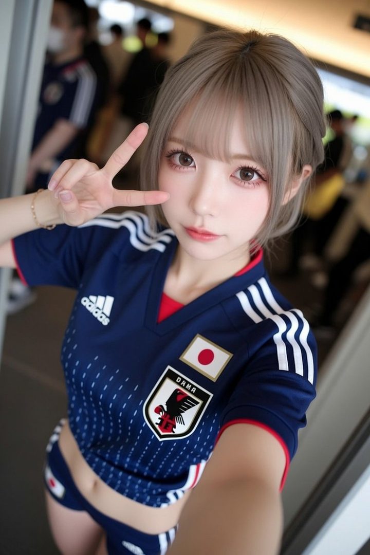 A young woman with light brown hair and bangs, wearing a blue Japanese soccer jersey and shorts, poses for a selfie with a peace sign.
