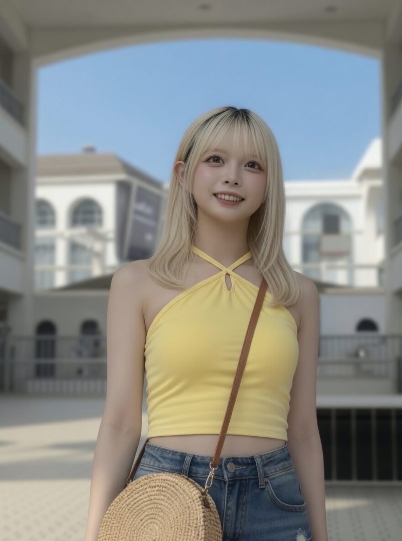 A smiling young woman with blonde hair wearing a yellow halter crop top and jeans outdoors.