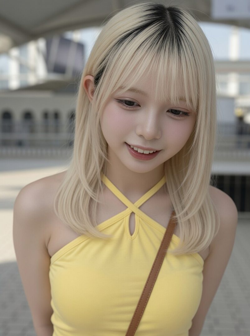 Close-up portrait of a young woman with long blonde hair and bangs, wearing a yellow halter top and smiling softly outdoors.