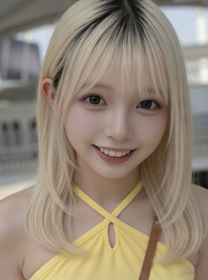 Close-up portrait of a smiling young woman with long blonde hair and straight bangs wearing a yellow halter top.