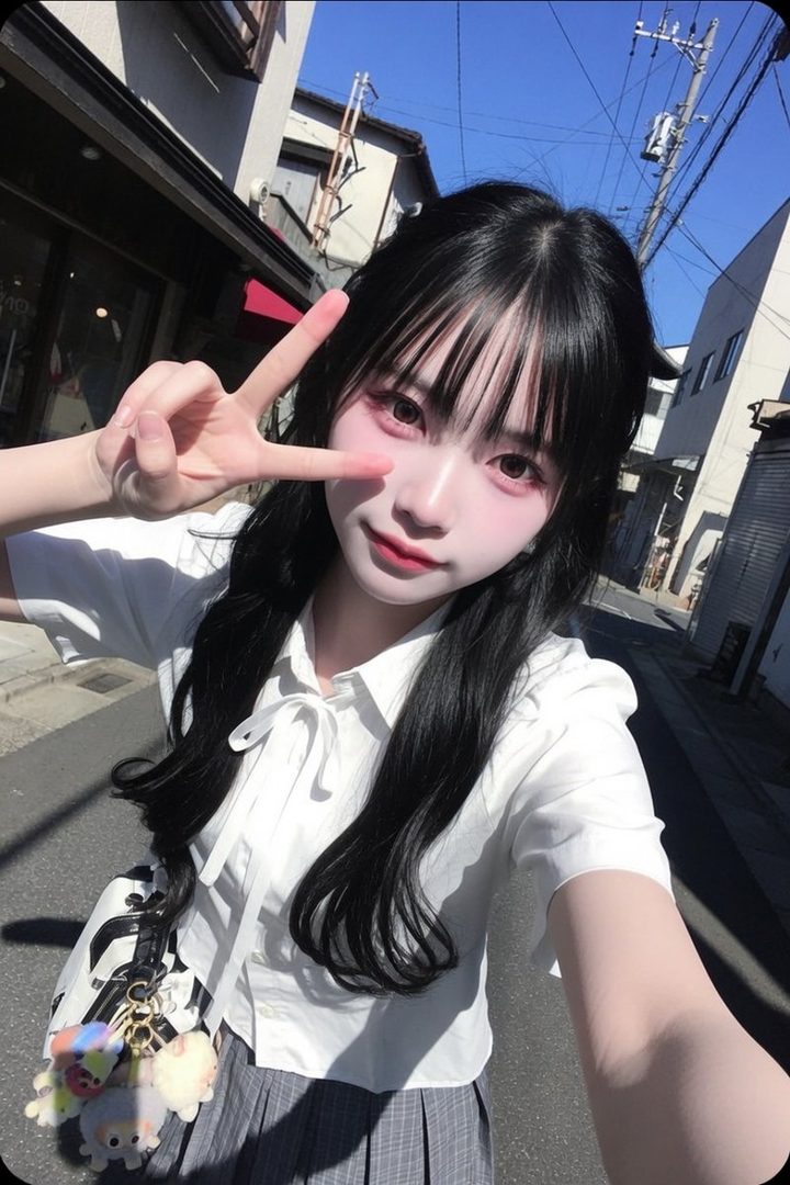 Young woman with long black hair taking a sunny street selfie while making a peace sign, wearing a white blouse and plaid skirt.