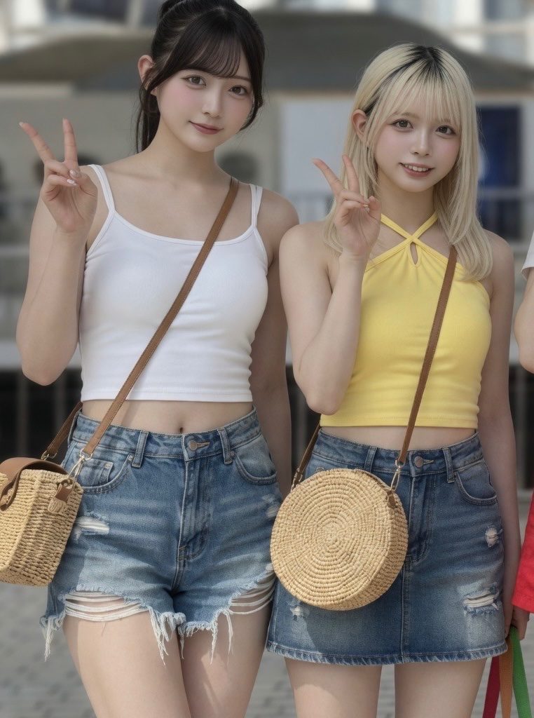 Two young women posing together outdoors in casual summer crop tops and denim shorts, making peace signs.