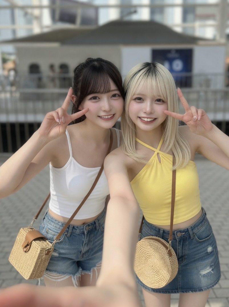 Two young women taking a cheerful outdoor selfie while making peace signs, dressed in casual summer crop tops and denim shorts.