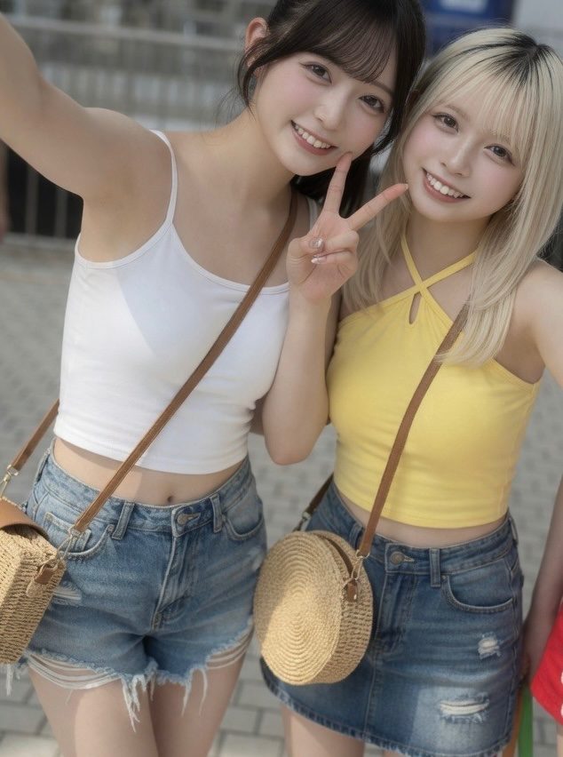 Two smiling young women taking a casual outdoor selfie, one wearing a white crop top and the other a yellow halter top with denim shorts.