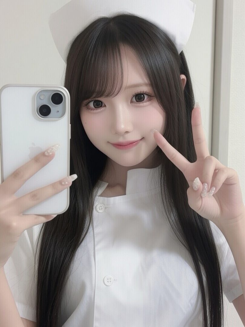 Young woman in white nurse cosplay taking a mirror selfie with a peace sign and smartphone.