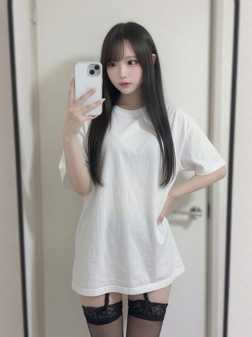 Young woman with long straight black hair taking a mirror selfie while wearing an oversized white t-shirt and black lace garter stockings.