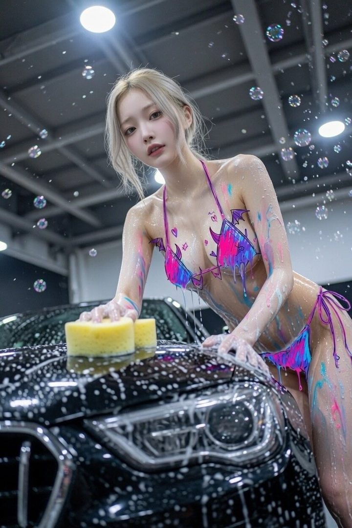 Blonde woman in a colorful bikini leaning over a black car while washing it with soap suds and paint splatters in an indoor studio setting.
