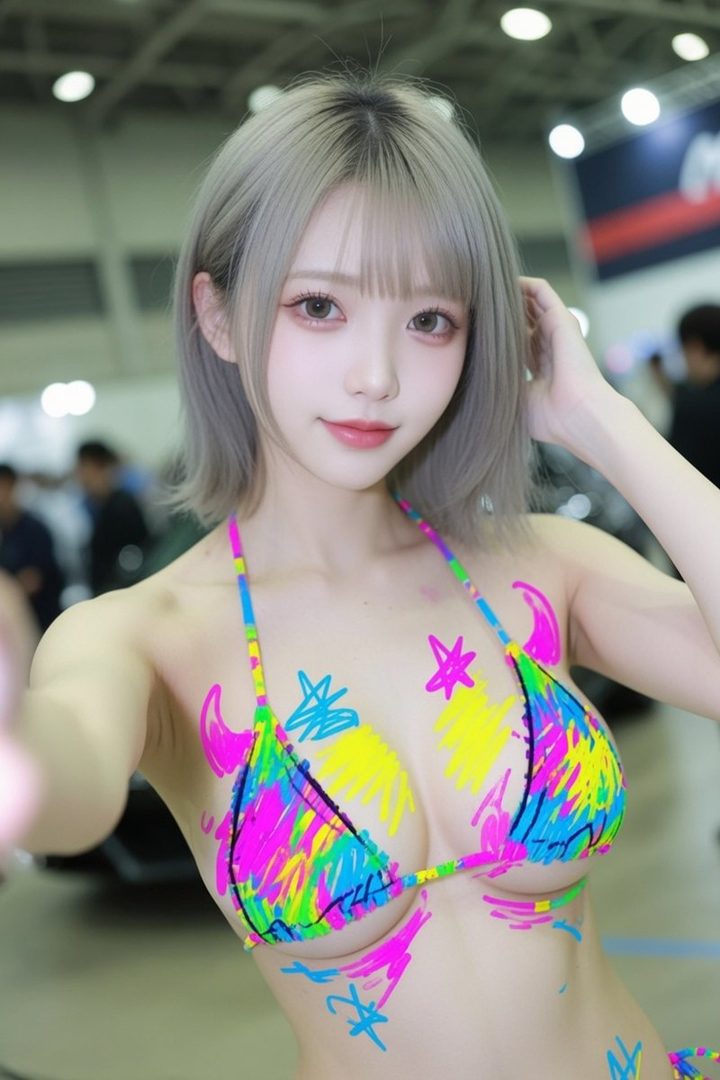 Young woman with silver bob hair taking a colorful graffiti bikini selfie indoors.