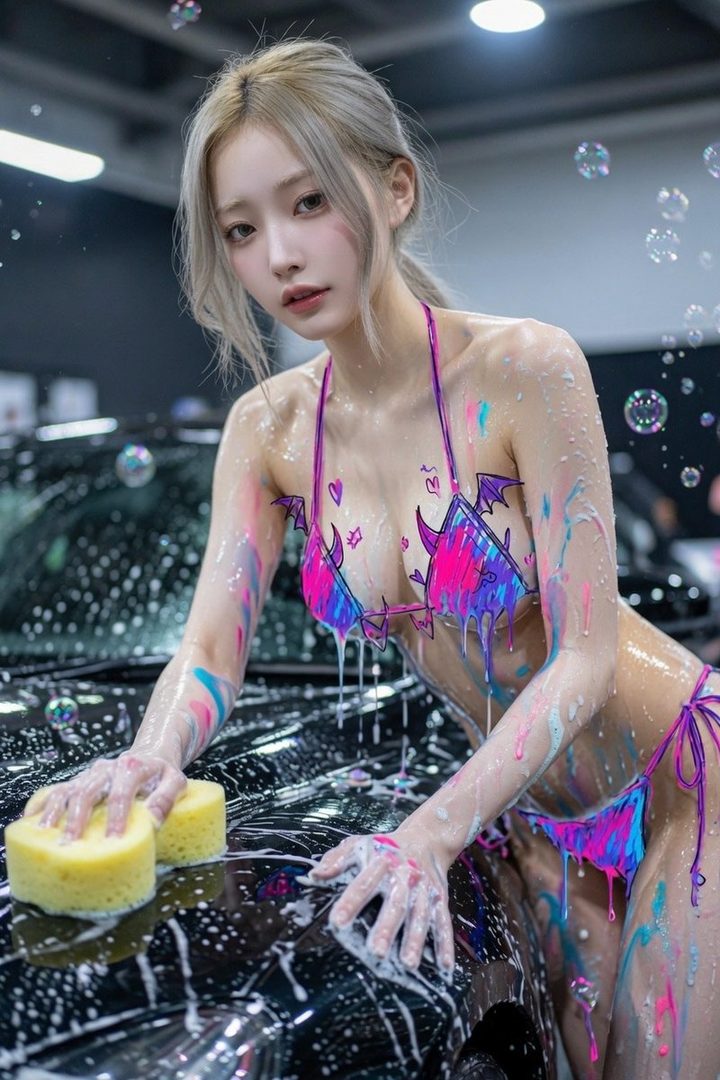 A young woman with blonde hair in a colorful bikini washes a black car covered in soap suds and vibrant paint splatters.