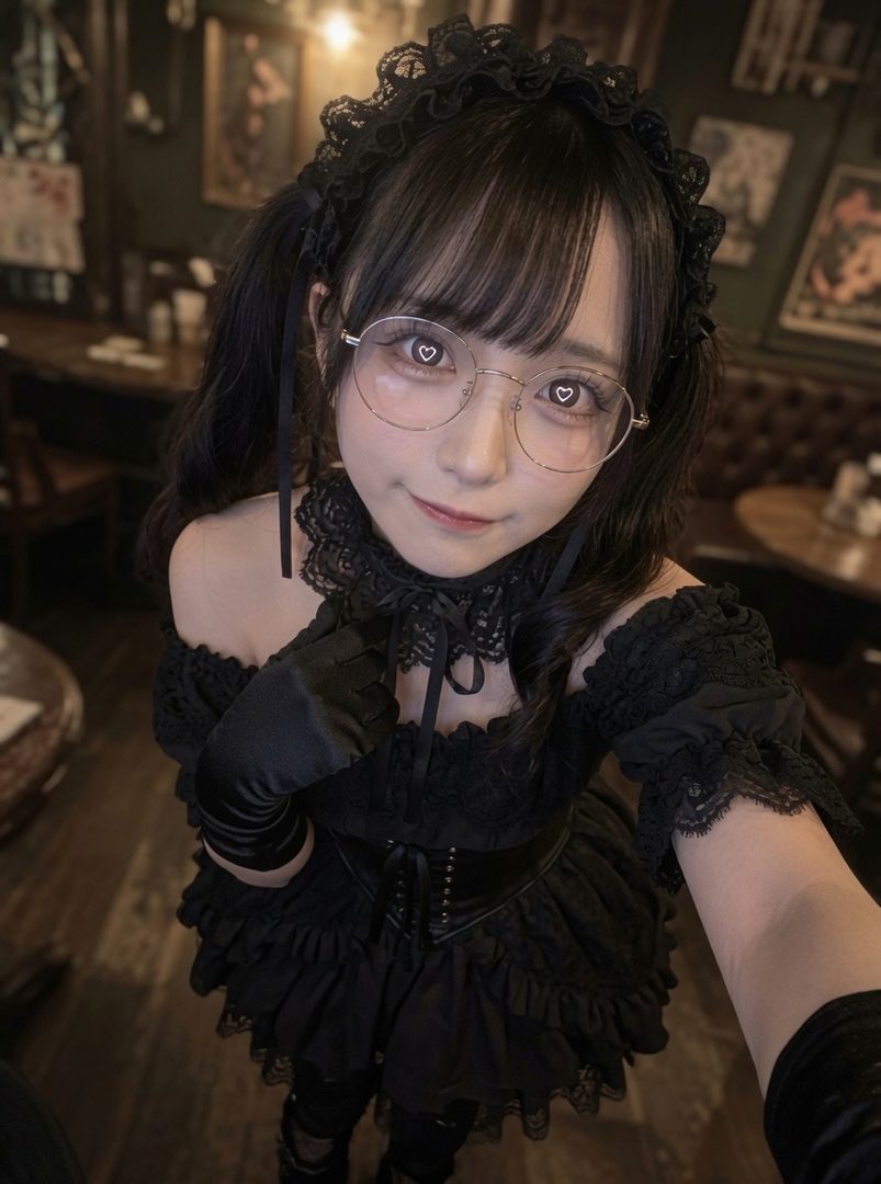 Young woman in black gothic lolita dress and glasses taking a cute selfie in a vintage cafe interior.