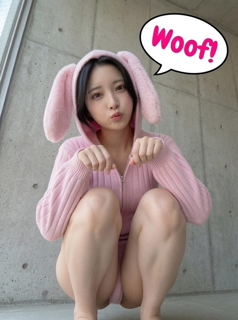 Young East Asian woman in a fluffy pink bunny-ear knit hoodie squatting indoors and making a playful face with a woof speech bubble.
