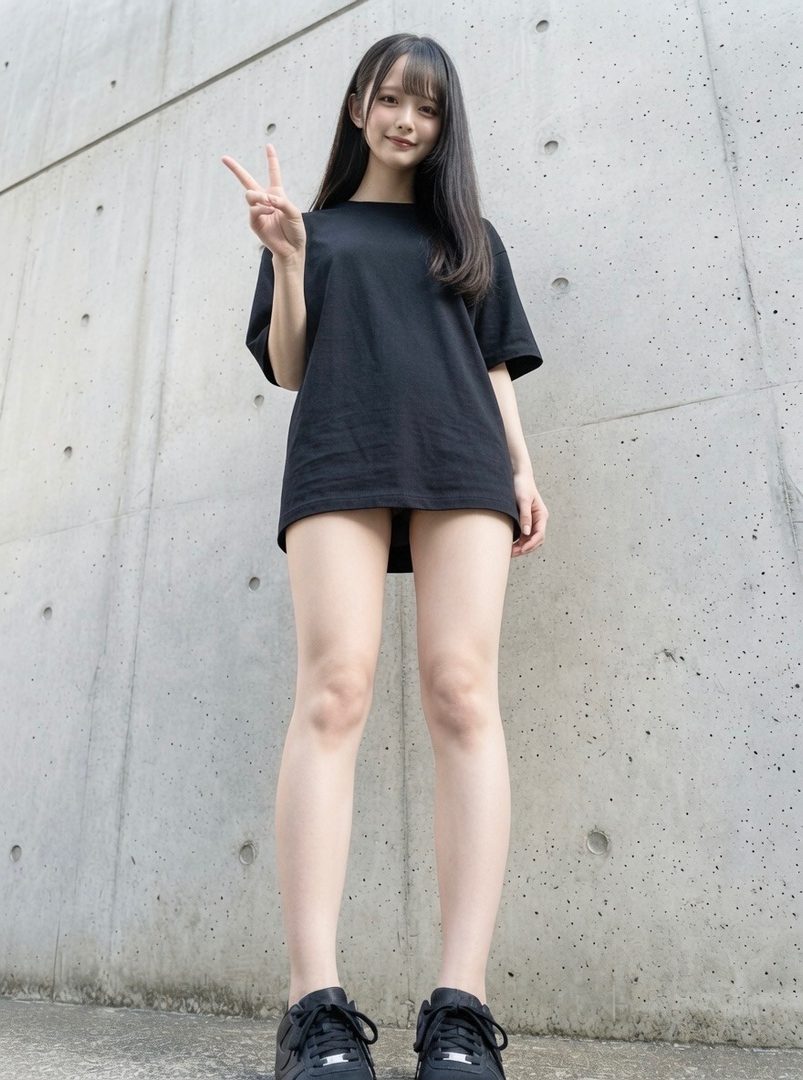 Young woman with long black hair in oversized black t-shirt making peace sign against concrete wall.
