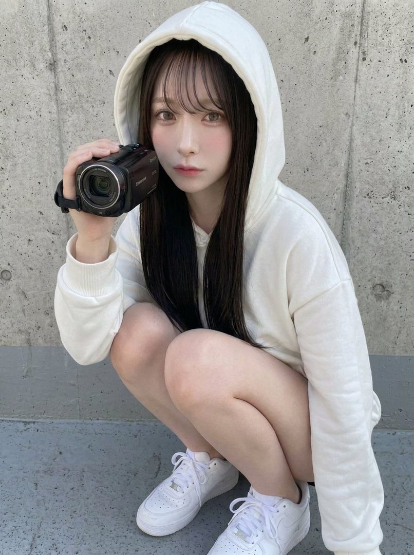 Young East Asian woman in white hoodie squatting outdoors holding a video camera against a concrete wall.