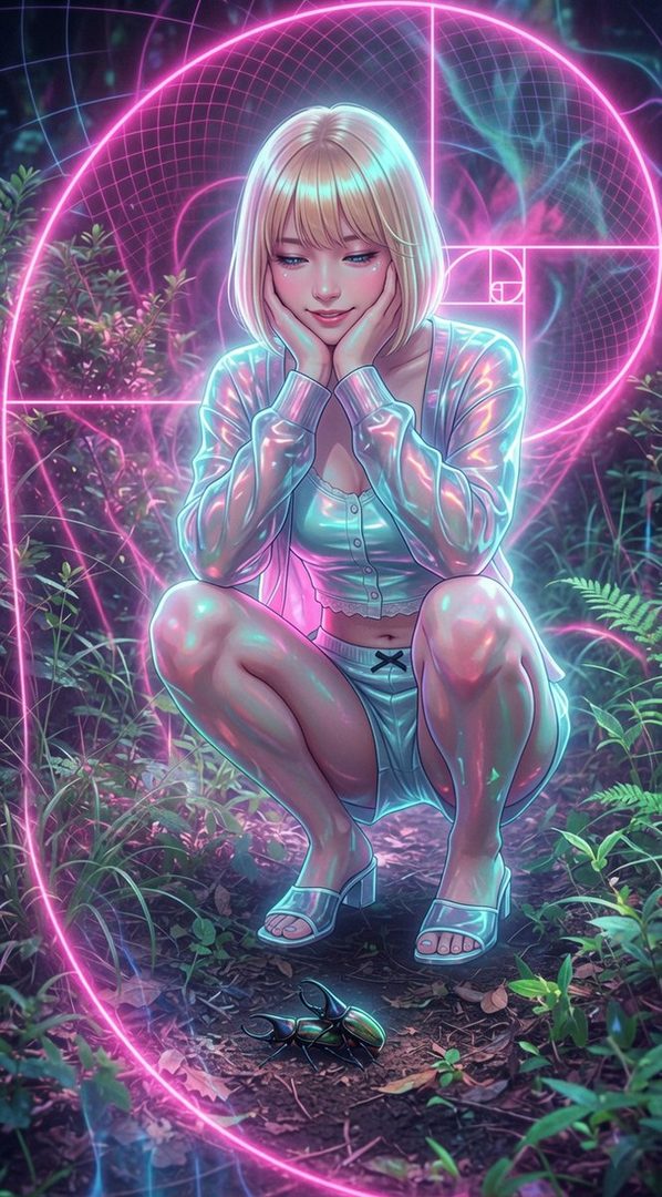 An anime-style illustration of a blonde woman with a bob cut, wearing a sheer jacket and shorts, squatting in a forest with a glowing neon Fibonacci spiral surrounding her and a beetle on the ground.