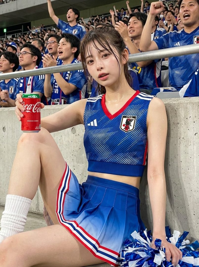 Young Japanese woman in blue and red cheerleader uniform holding a Coca-Cola can while seated in a stadium with cheering fans in the background.