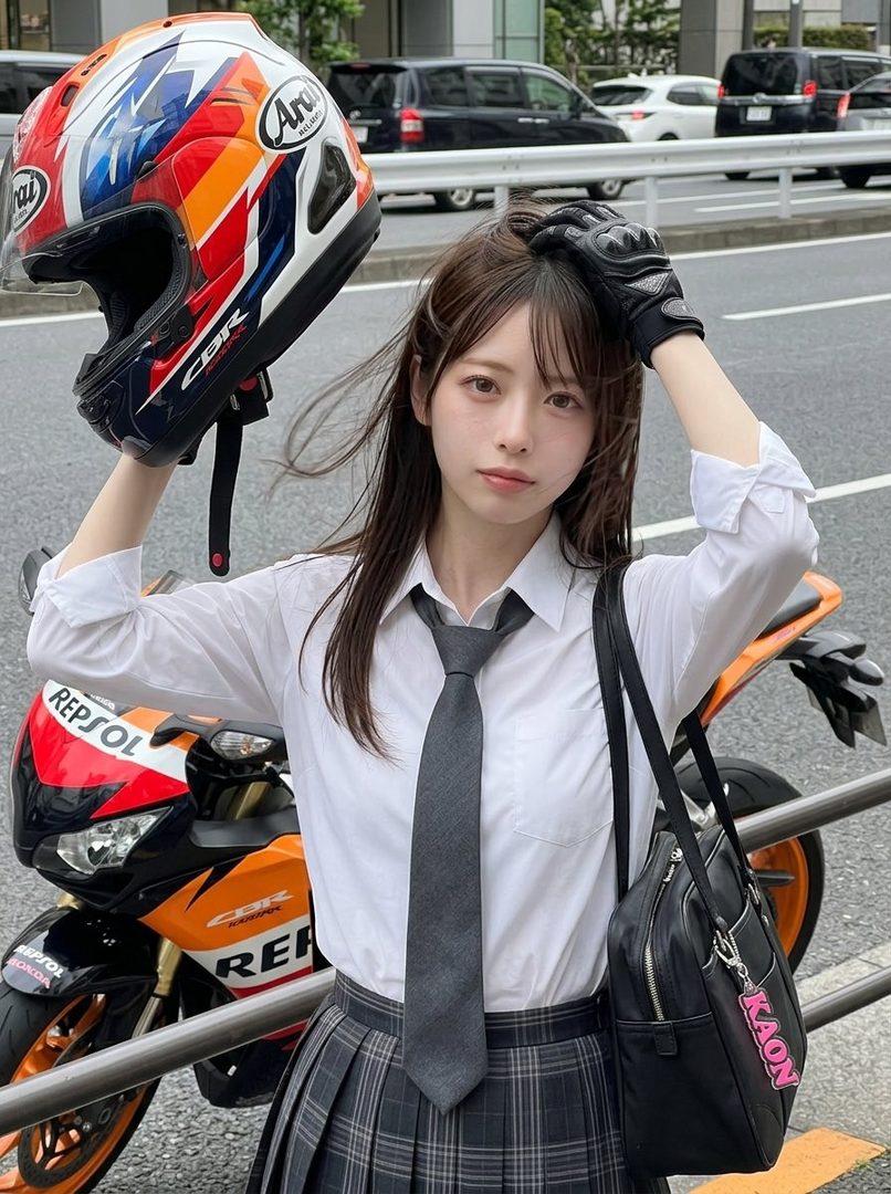 Young Japanese woman in school uniform holding a motorcycle helmet while posing beside a sport bike on an urban street.