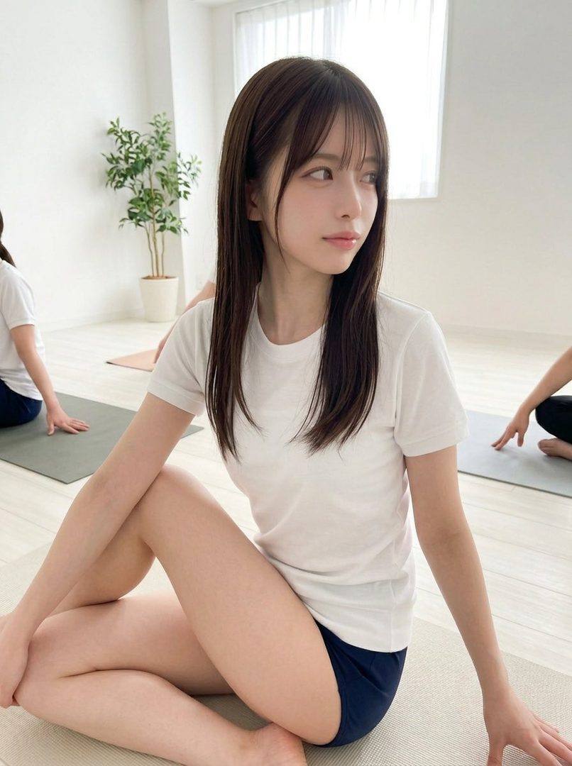 Young East Asian woman with long brown hair in a white t-shirt and navy shorts, seated on a yoga mat in a bright minimalist studio with other participants in the background.