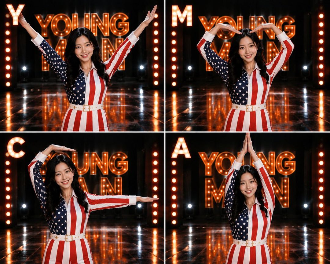 Collage of an elegant Asian woman in a stars-and-stripes jumpsuit striking playful poses on a reflective studio stage with glowing YOUNG MAN marquee lights.