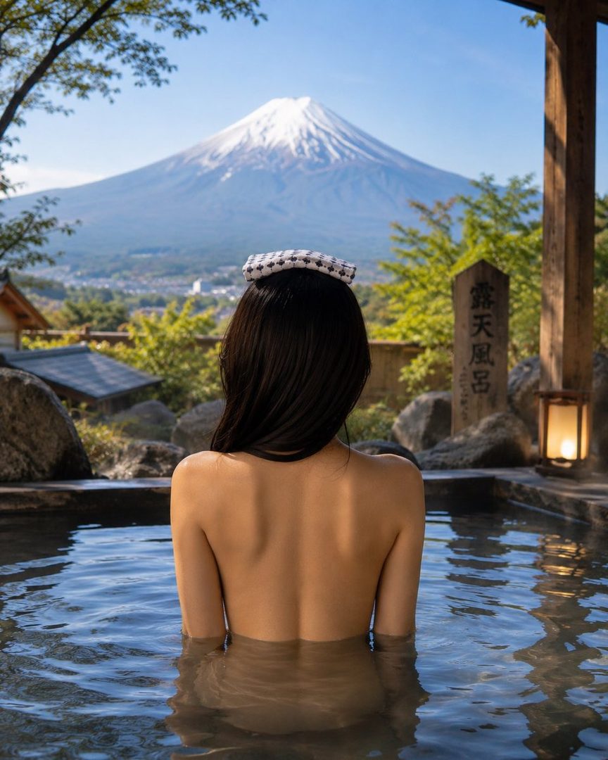 A woman with long dark hair and a patterned headband relaxes in an outdoor Japanese onsen with Mount Fuji visible in the background.